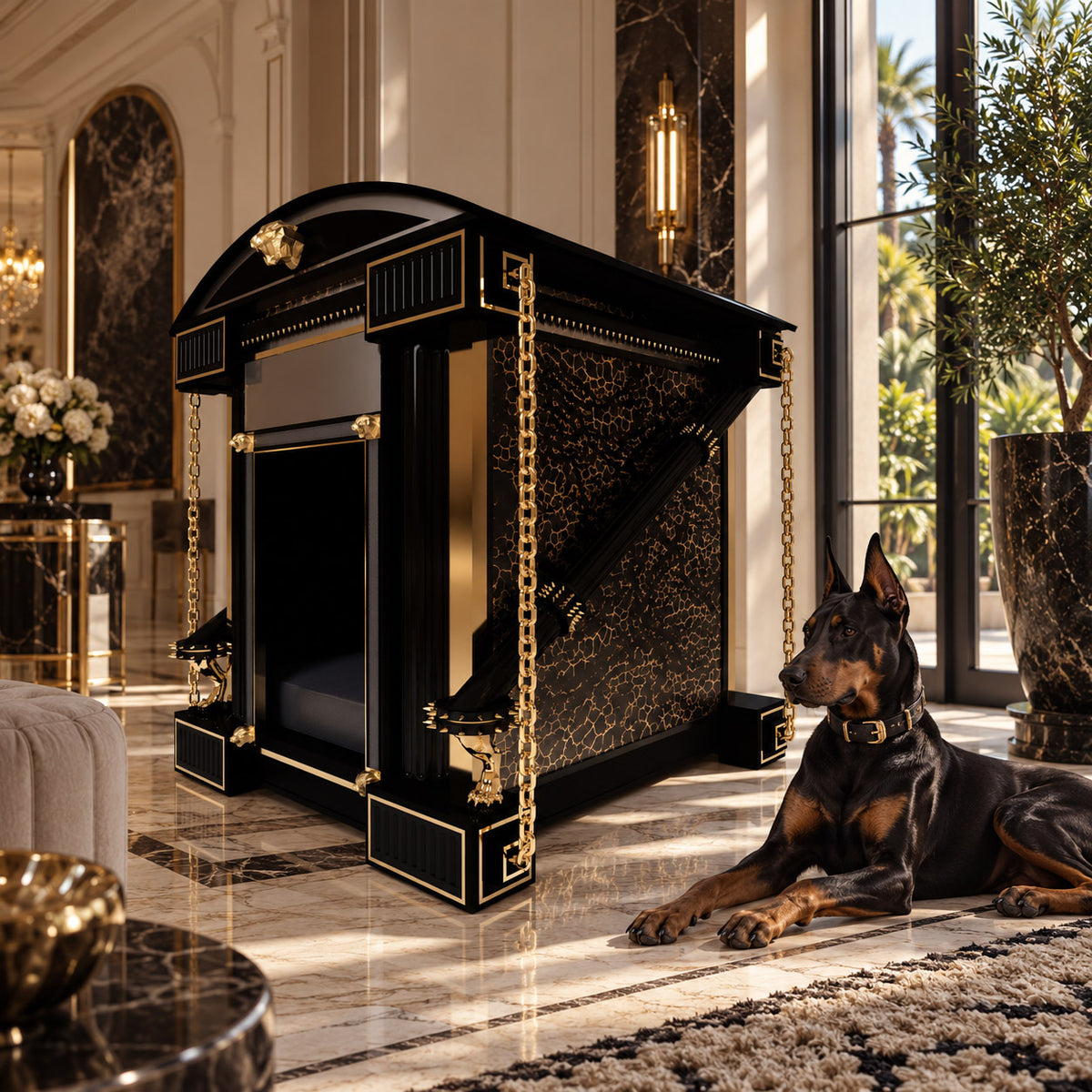 Luxury black and gold architectural dog kennel with sculptural detailing, decorative gold chains and crackle-effect panels, displayed in an opulent marble interior beside a realistic black and tan Doberman.