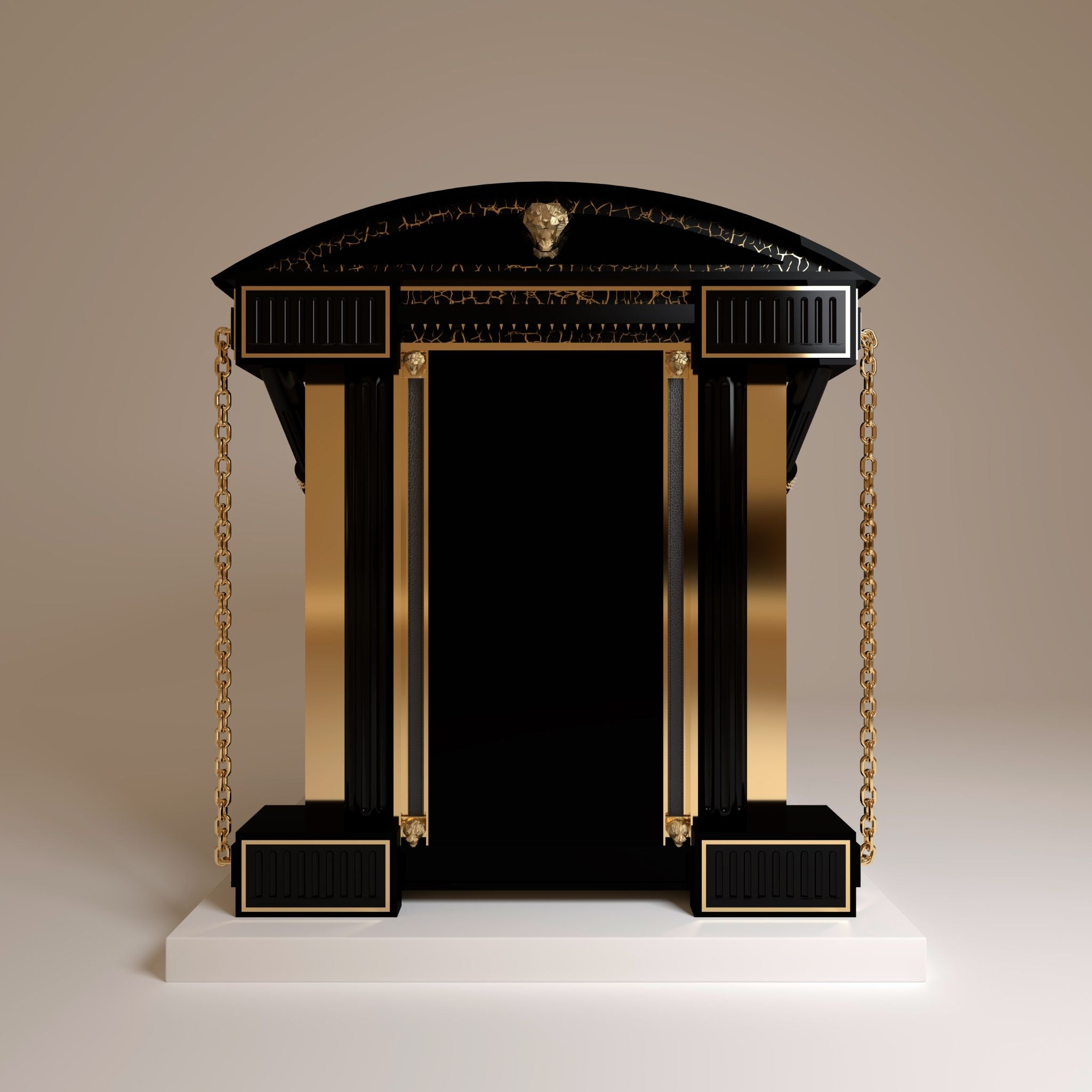 "Full rear view highlighting the gold stainless steel craftsmanship and the unique black gold crackle patina, balancing refined modern elegance and strength."