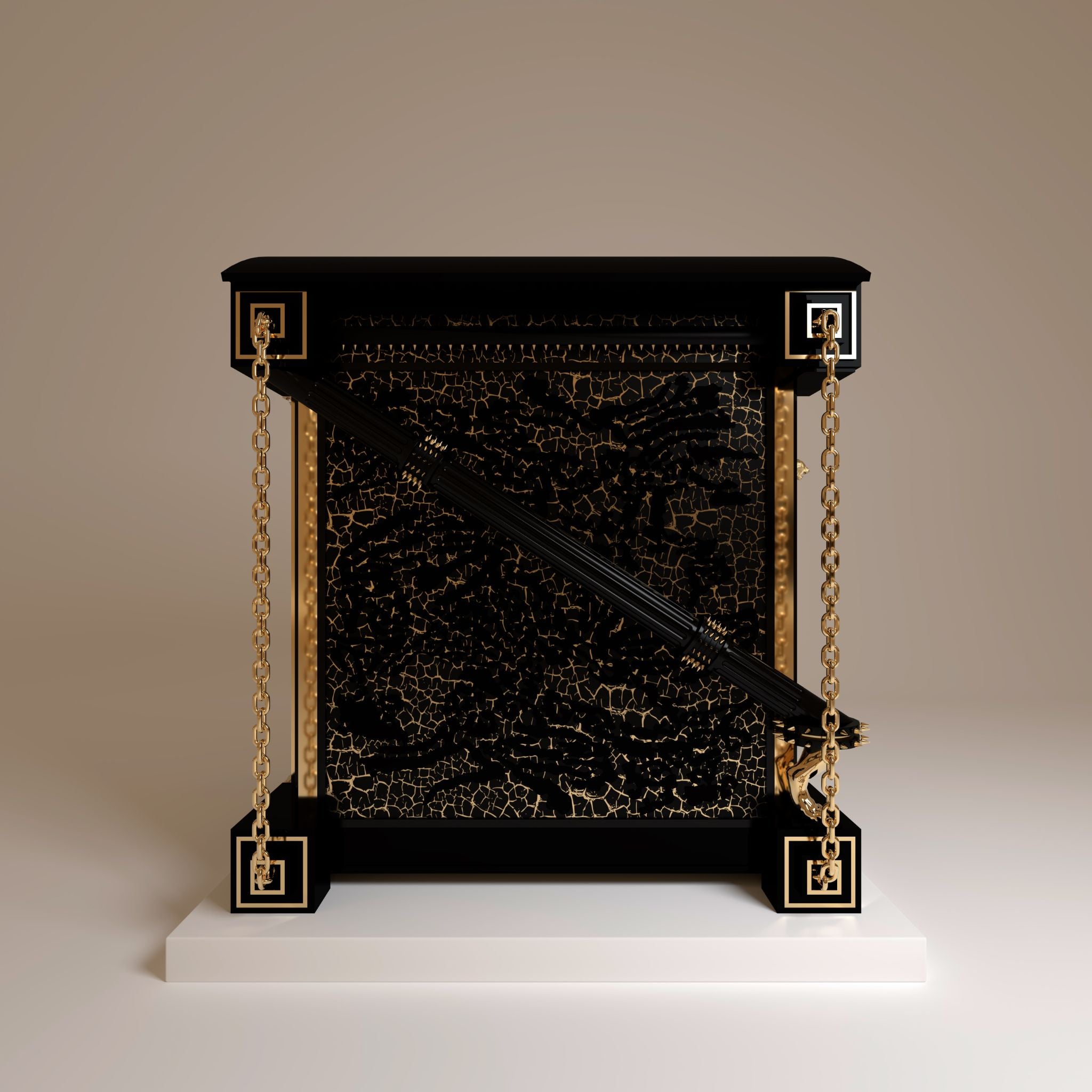 "Side elevation showcasing the wild beast tiger inlay against a black gold crackle frame, representing the wild spirit within a tamed sanctuary."