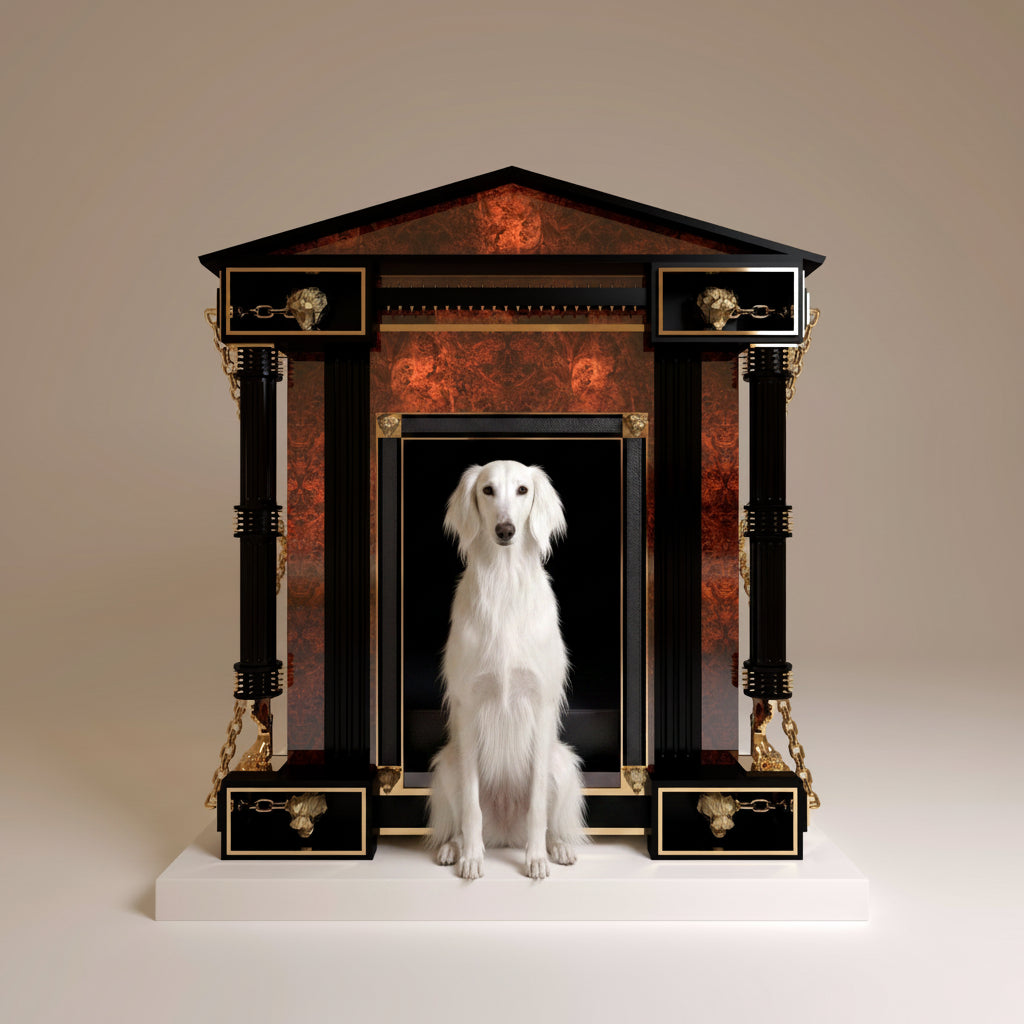 "The grand front view of The Marquess Grandeur royal kennel, featuring luxury burl wood finishes and refined modern elegance for a noble companion."