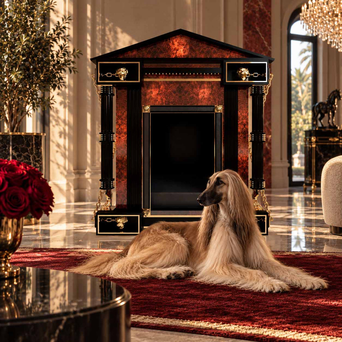 FUROAR luxury designer dog kennel featuring rich red-brown architectural panels, black columns and gold detailing, displayed in an opulent marble interior with a beautifully groomed Afghan Hound resting on a deep red rug.