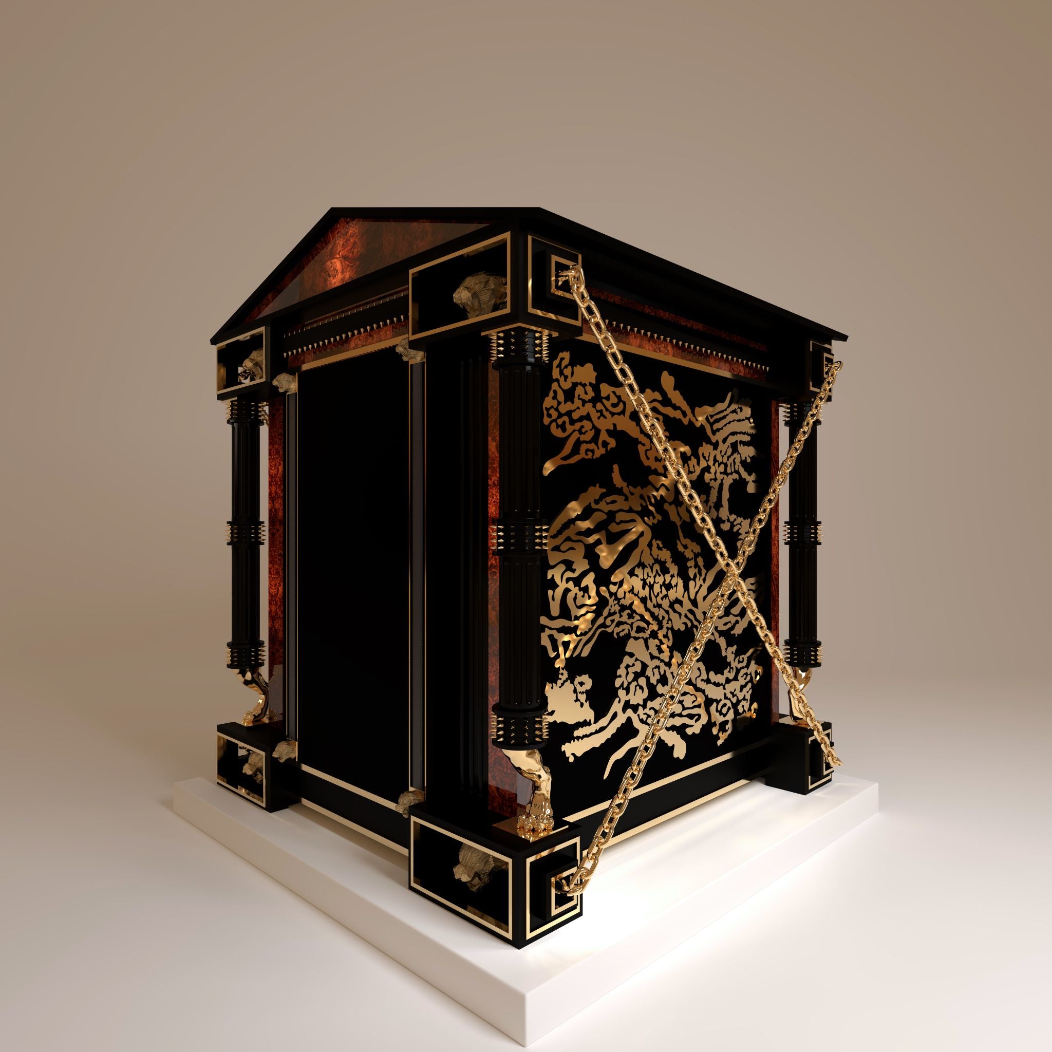 The Marquess Grandeur luxury kennel by FUROAR rear side view pillars with 24k gold studs and burl wood accents
