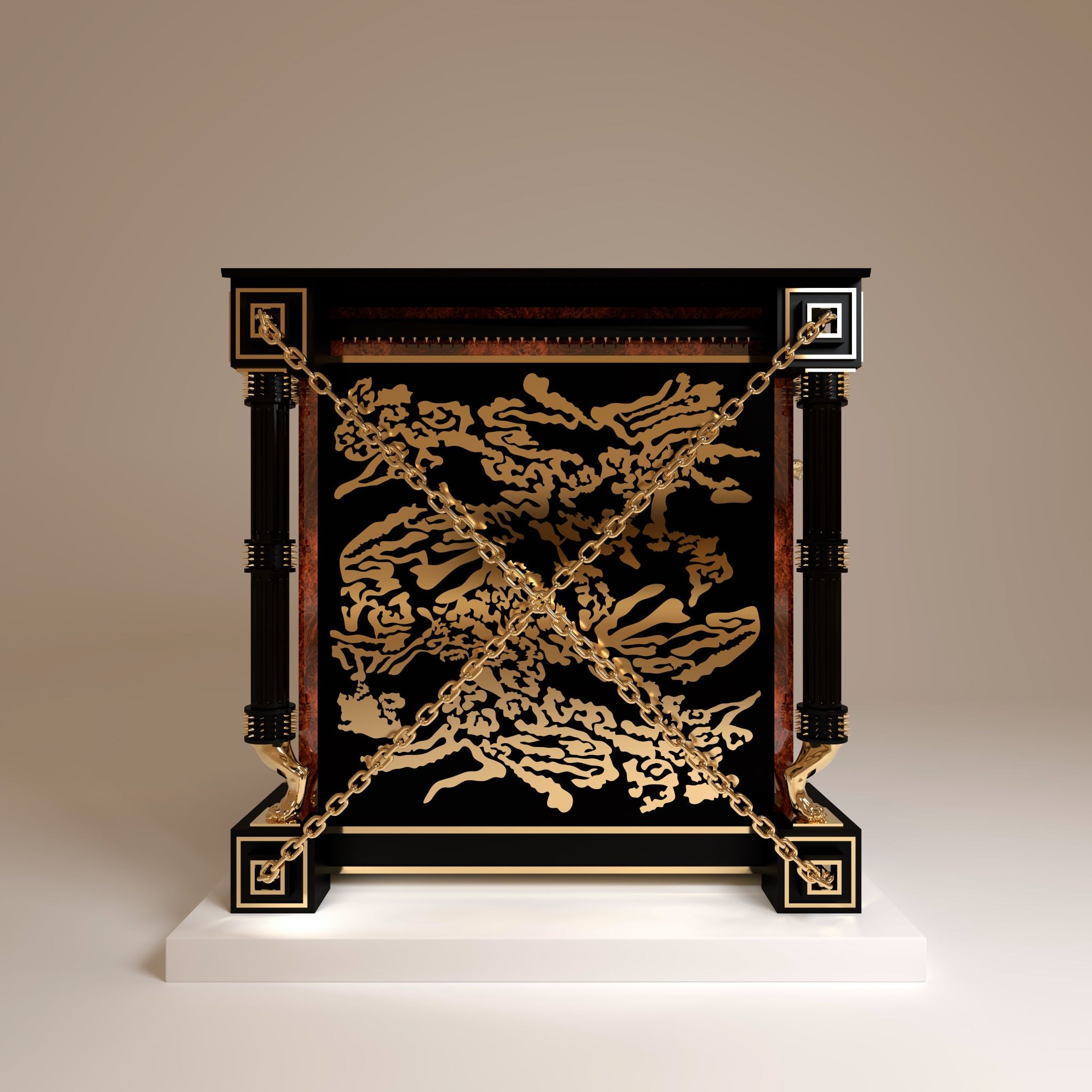 The Marquess Grandeur royal dog kennel by FUROAR side view structural detail luxury burl wood and suspended 24k gold chains