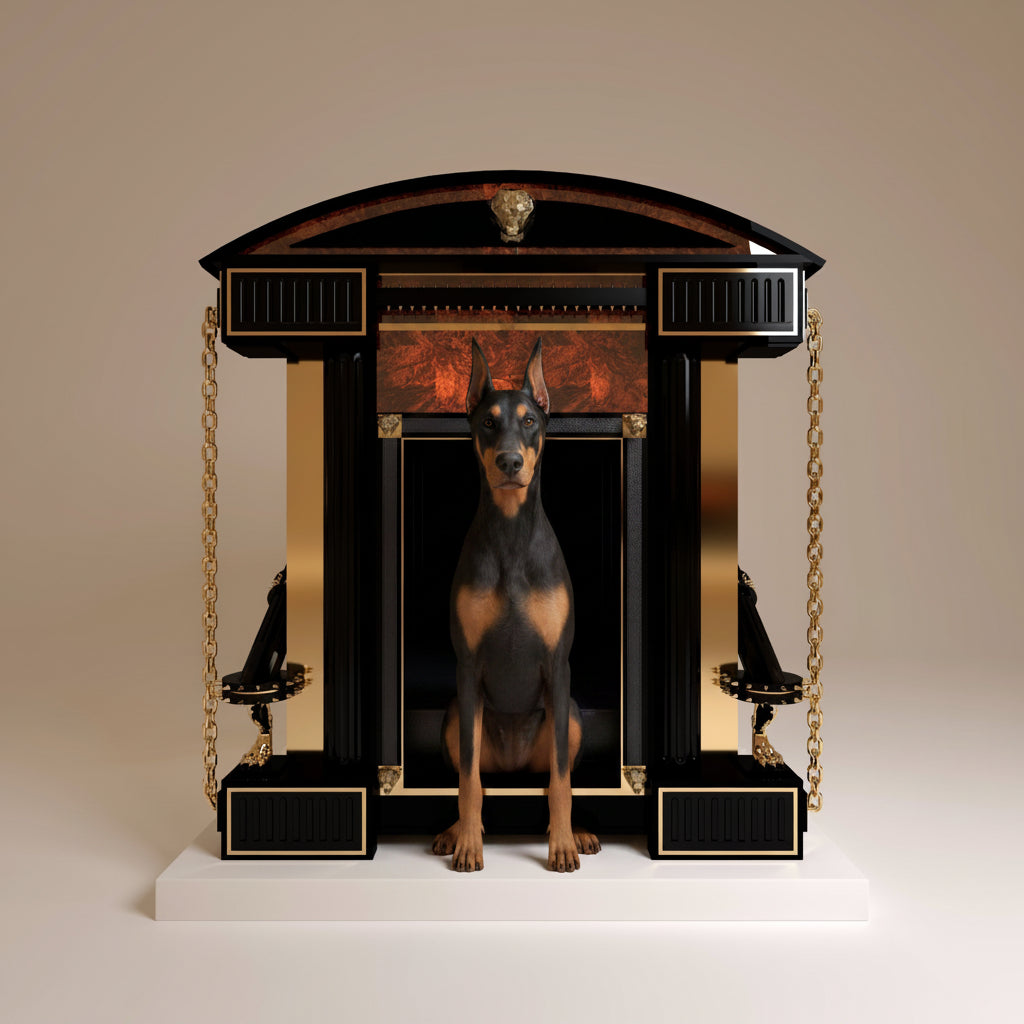 "Grand front view of The Regent Manor, an ultra modern luxury kennel featuring deep gloss luxury burl wood and 24k gold accents."