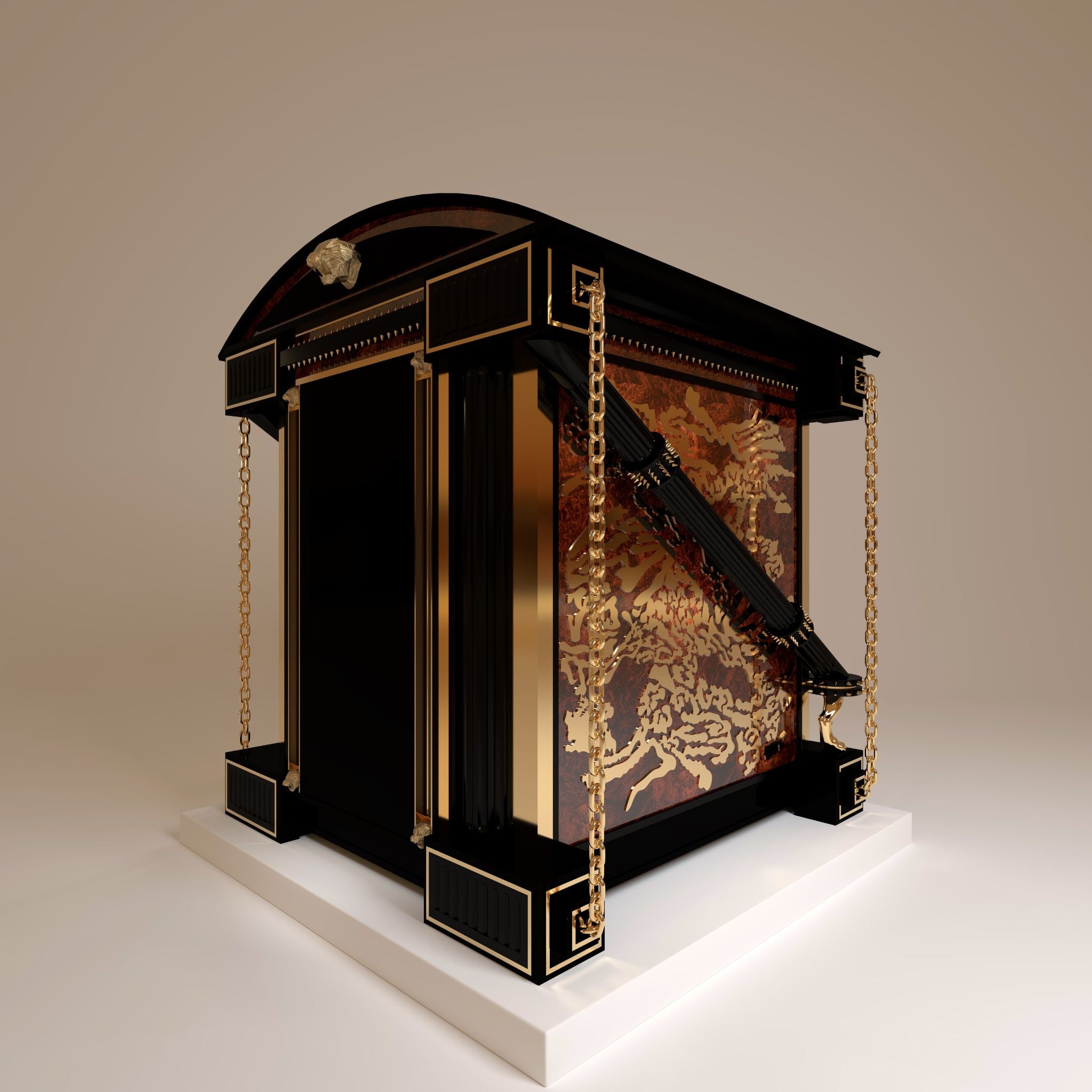 "Rear side view of inclined pillars, demonstrating ultra modern luxury engineering with gloss luxury burl surfaces and gold-plated structural studs."