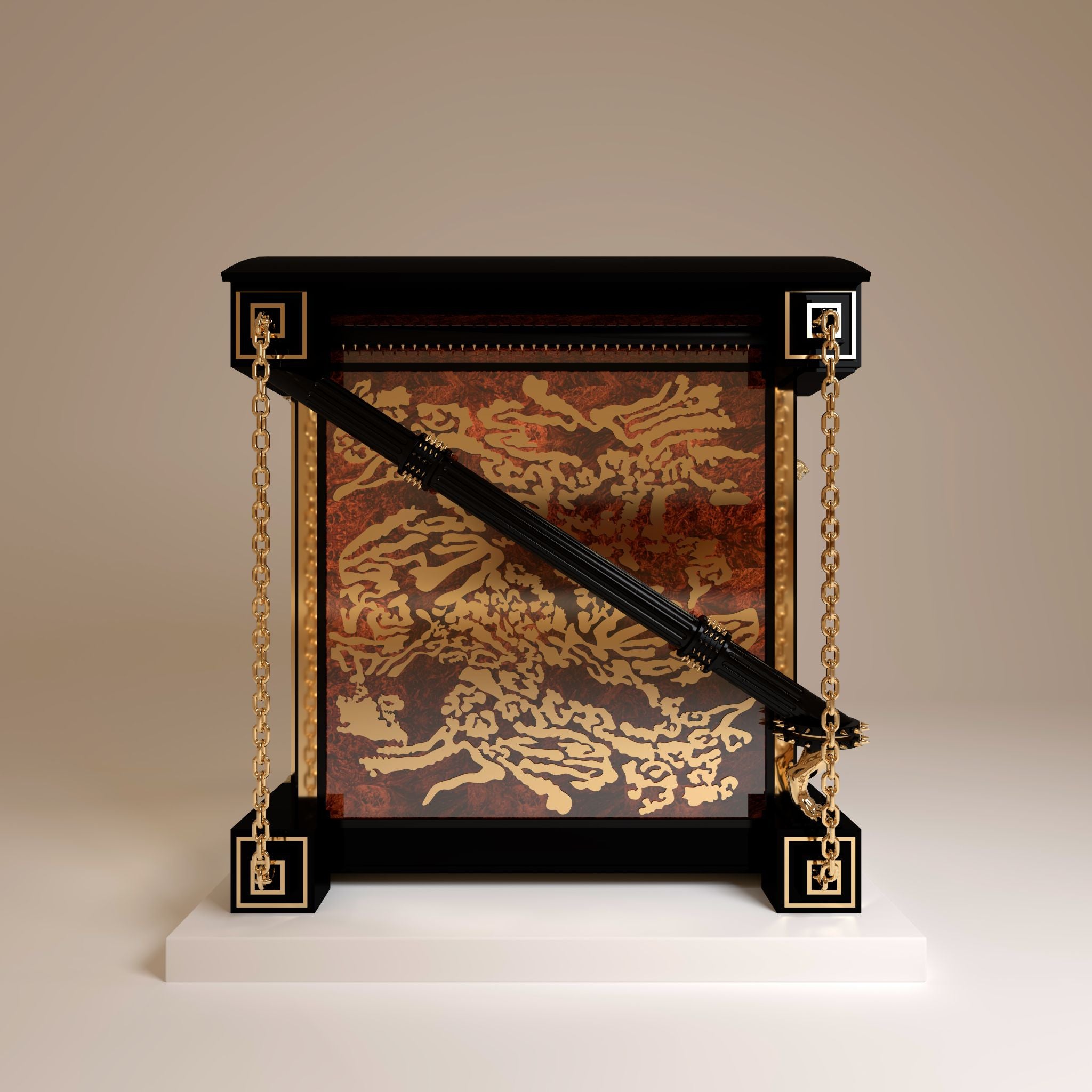 "Side elevation of The Regent Manor, where ultra modern luxury design meets the wild tiger inlay and suspended 24k gold chains."