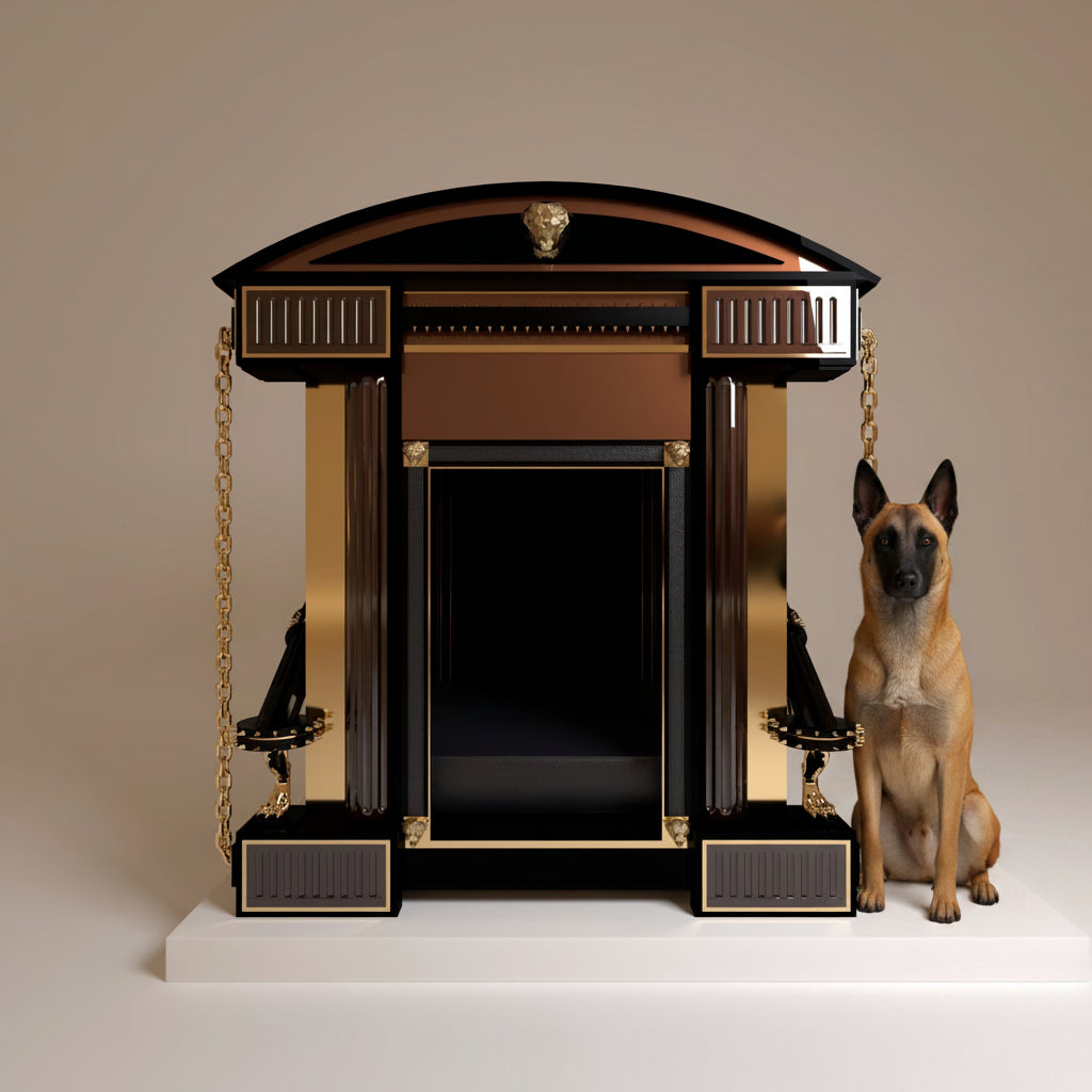 "Grand front view of The Sovereign Alcove royal kennel, featuring a deep gloss dark earth finish and 24 carat gold casters for an ultra modern luxury pet sanctuary."