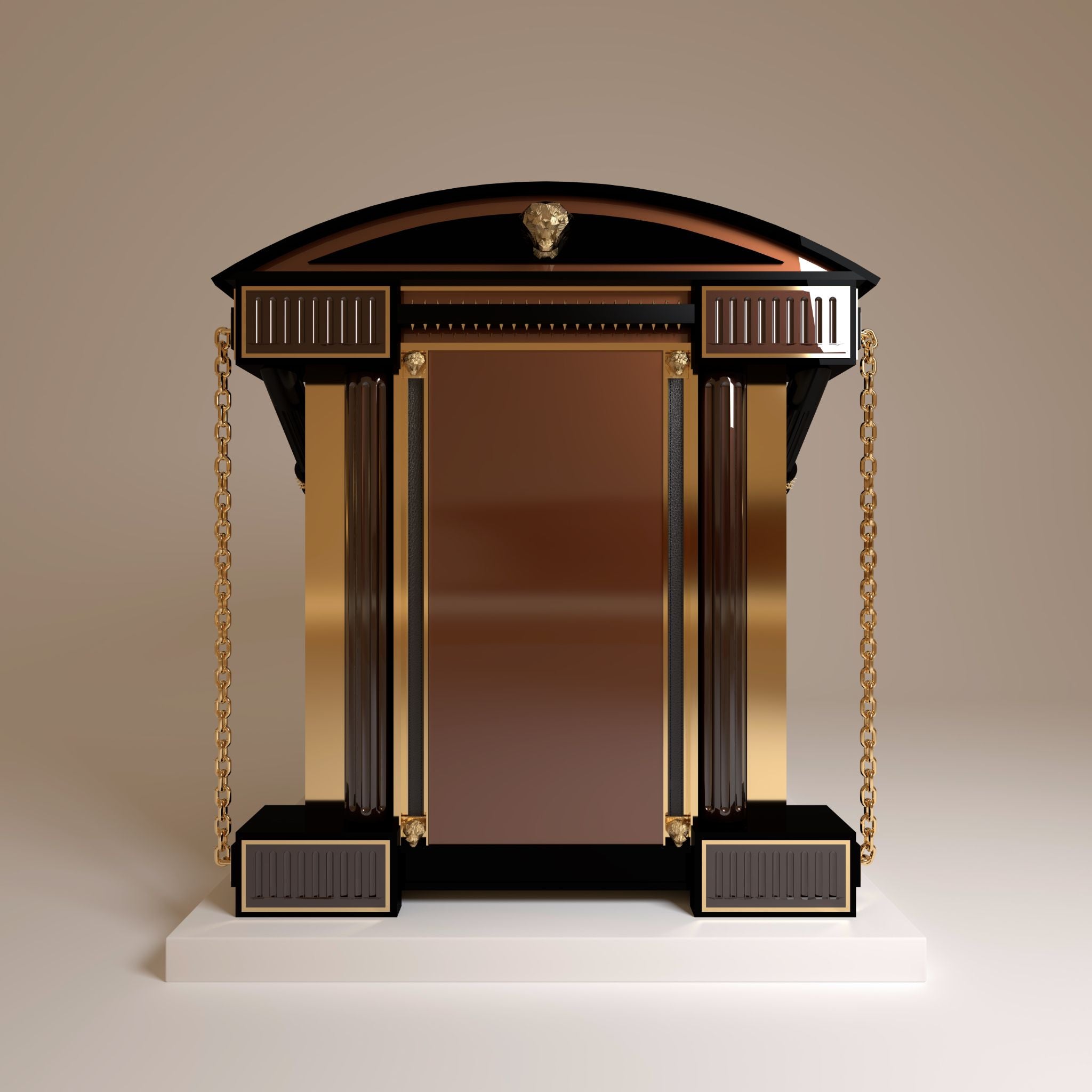 "Full rear view highlighting the gold stainless steel craftsmanship and the mirror-like gloss dark earth patina, balancing strength and ultra modern luxury."