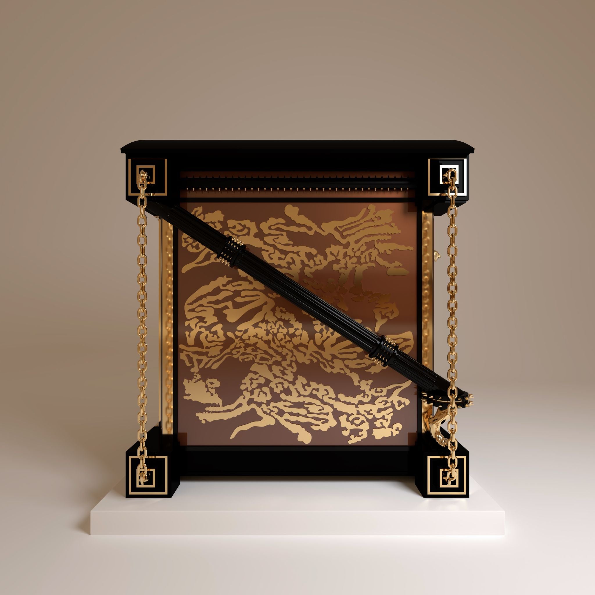 Side elevation showcasing the wild beast tiger inlay against a gloss dark earth frame, representing the wild spirit within a refined modern elegance."