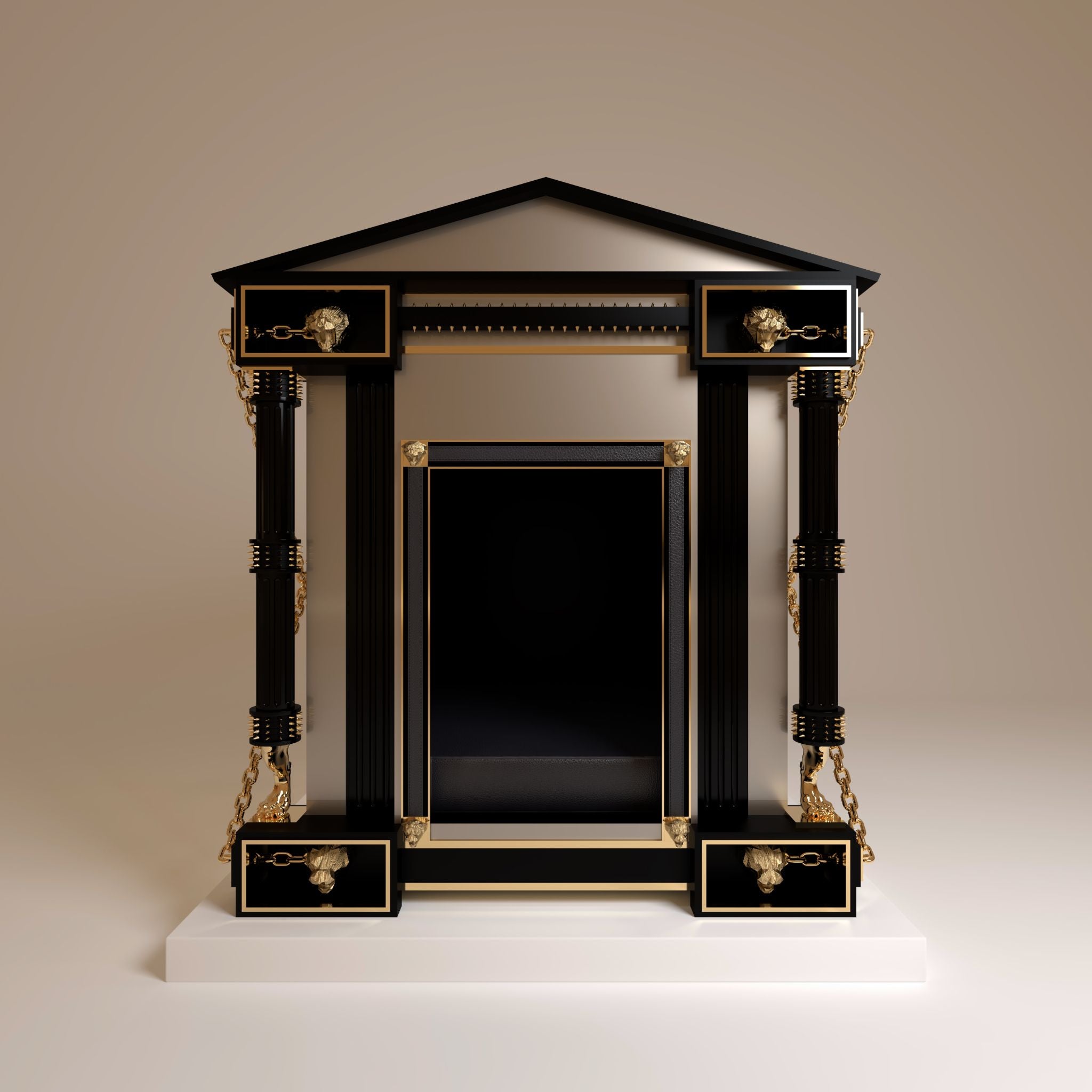 "Close-up of the classical kennel architecture, showcasing a designer's exotic touch that balances the tamed royal aesthetic with a noble companion's wild instincts."