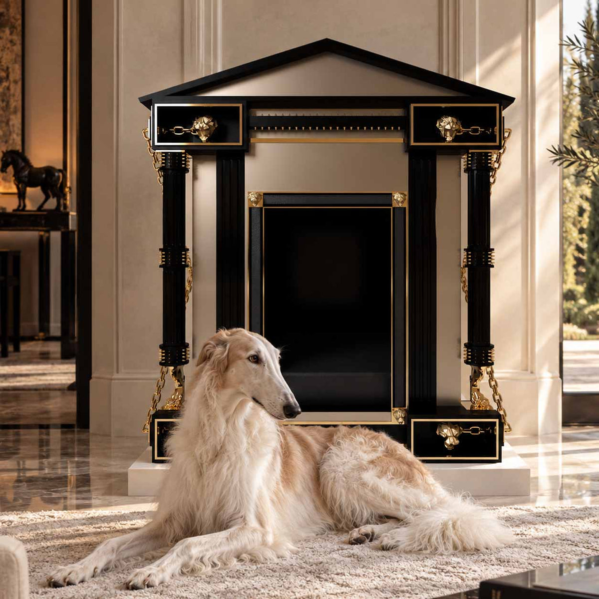FUROAR luxury designer dog kennel in black, ivory and gold, styled in an elegant sunlit interior with a long-haired white Borzoi resting in front, surrounded by marble flooring and refined luxury décor.