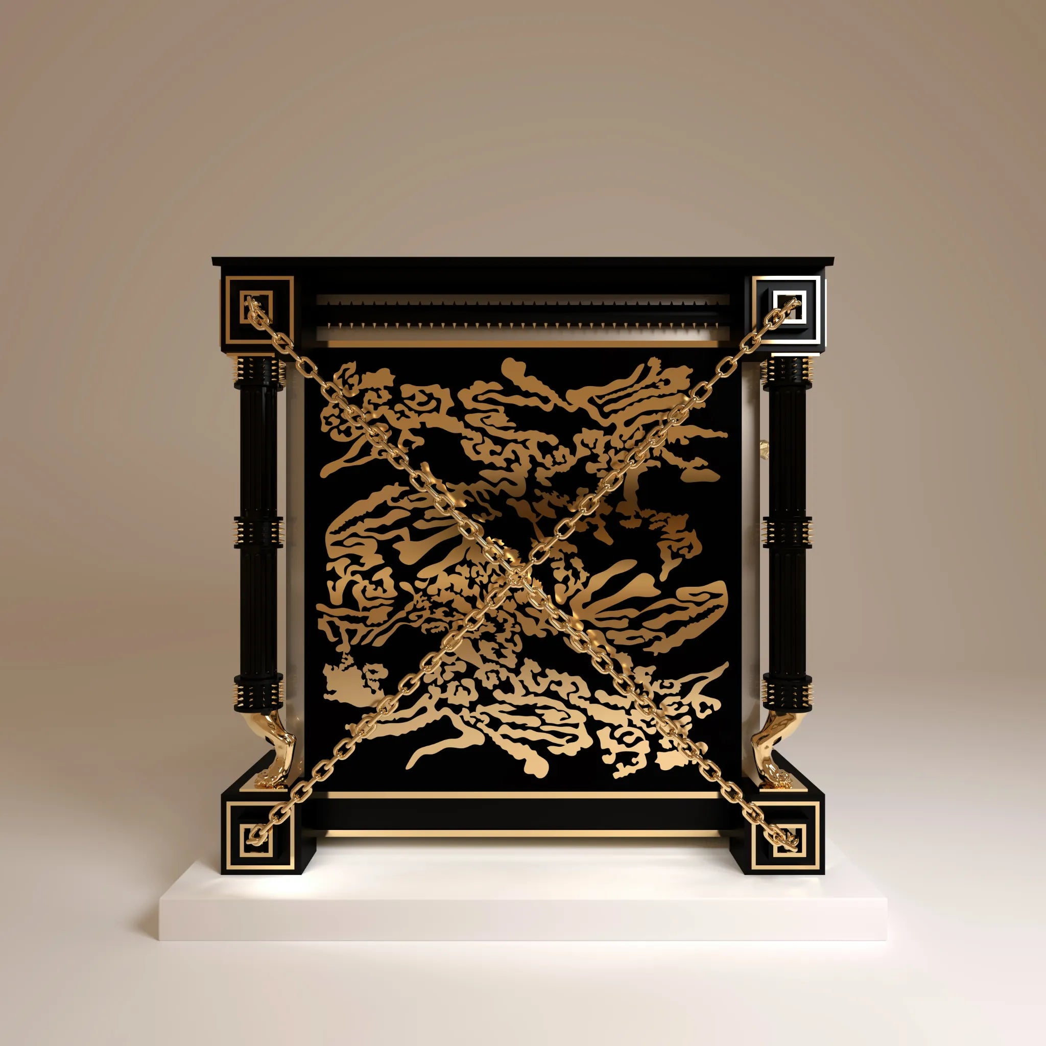 "Architectural side view of The Viscount kennel featuring a structural chain detail, symbolizing the strength required to bridge the world of the wild and the tamed."