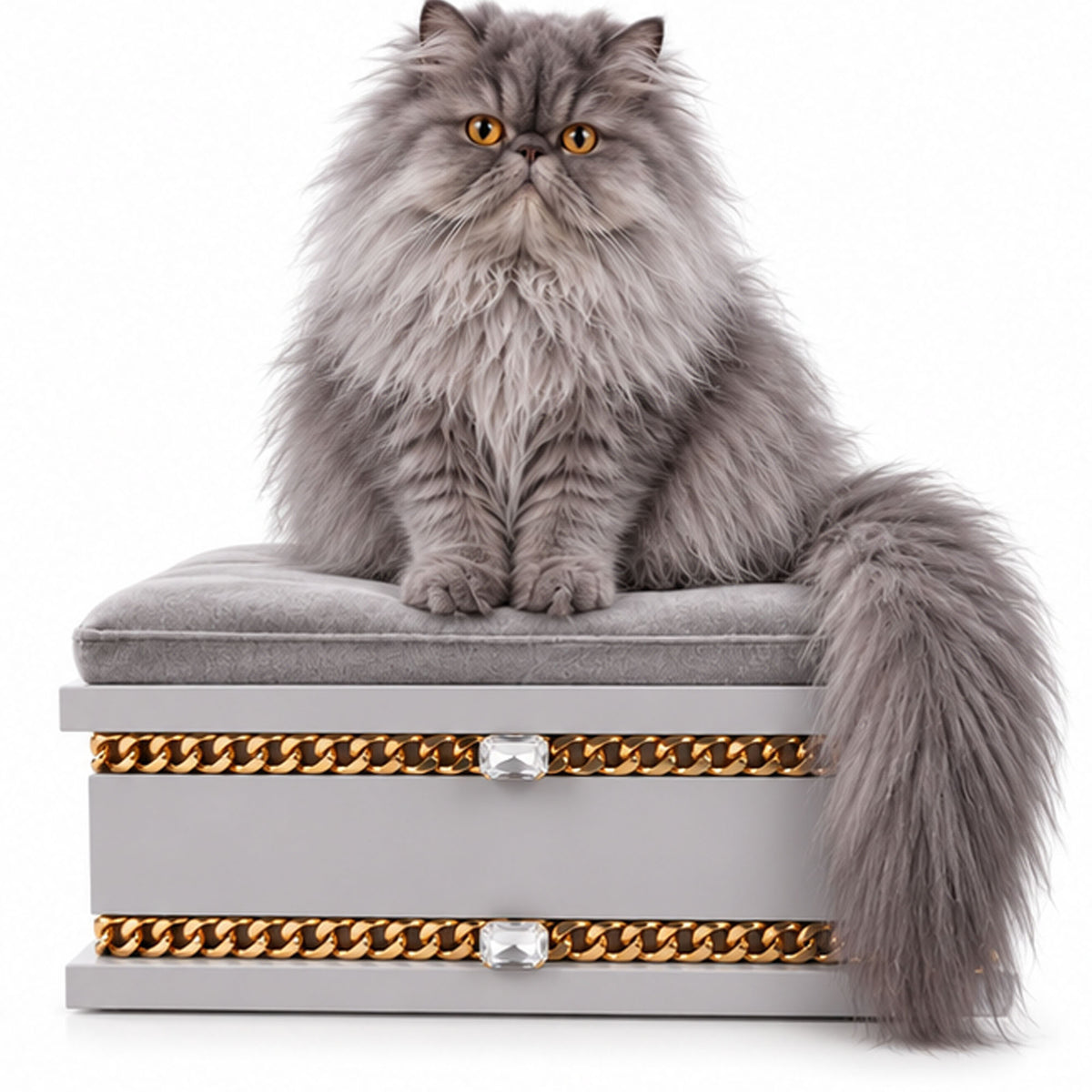 Long-haired grey Persian cat sitting on a FUROAR luxury cat bed with grey velvet cushion and gold chain detailing.