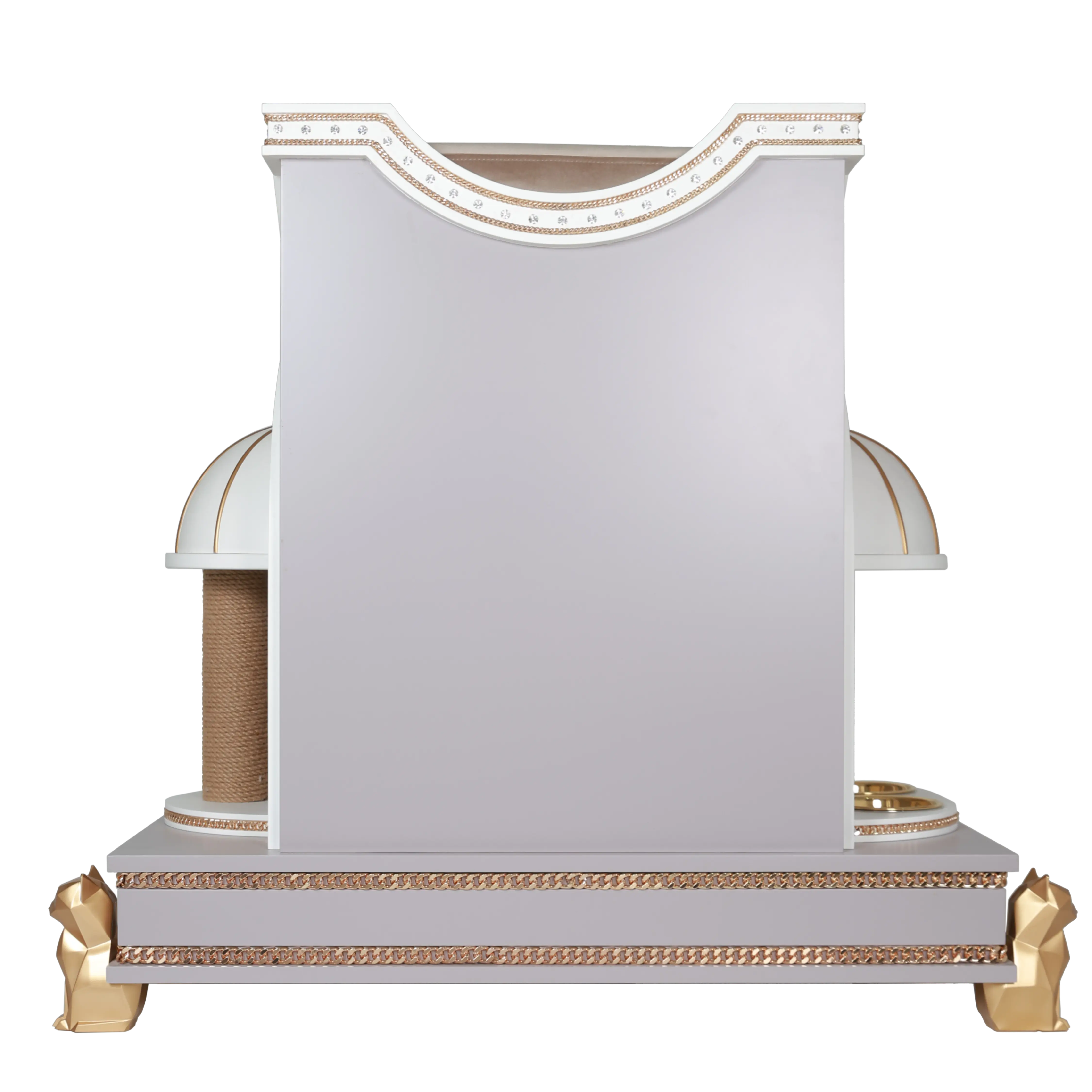 "Rear view of the TOMMY cat house showcasing unique architectural leg support and the flawless balance of refined modern elegance."