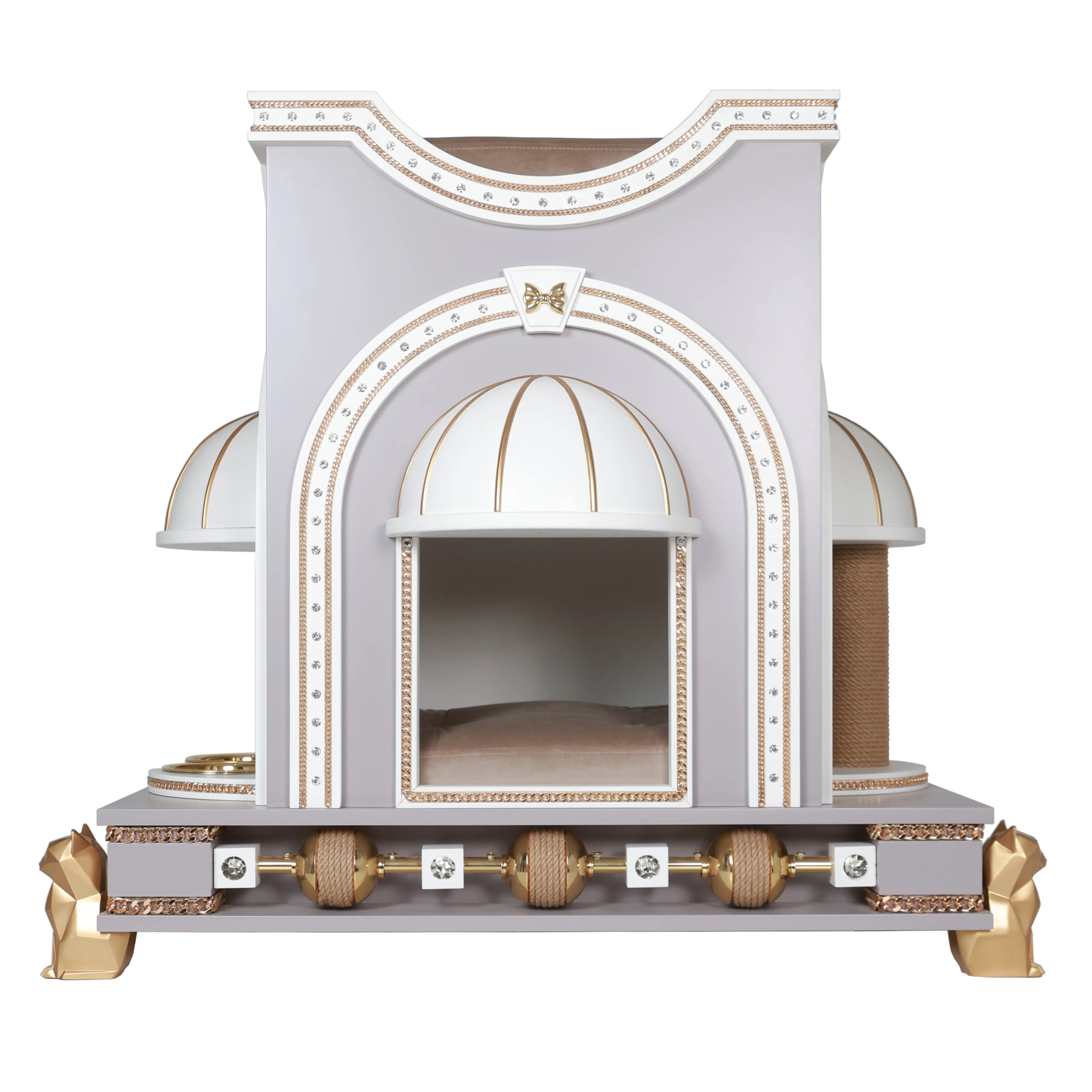 "Front view of the TOMMY designer modern indoor cat home, showcasing the spectacular symmetry and elite FUROAR craftsmanship for a noble companion."