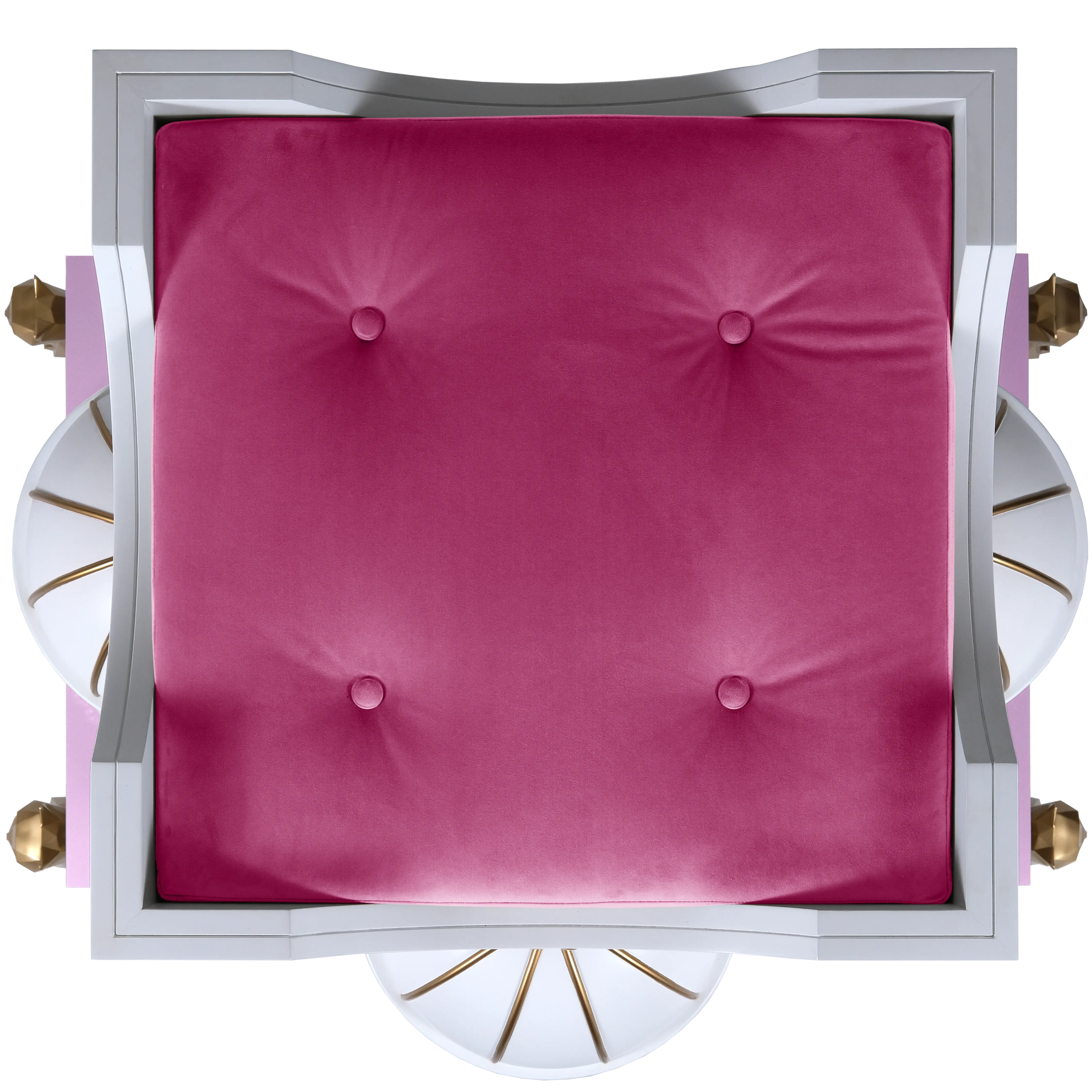 "Top-down view of the plush padded interior, featuring a bespoke royal design for the truly noble and exotic feline."