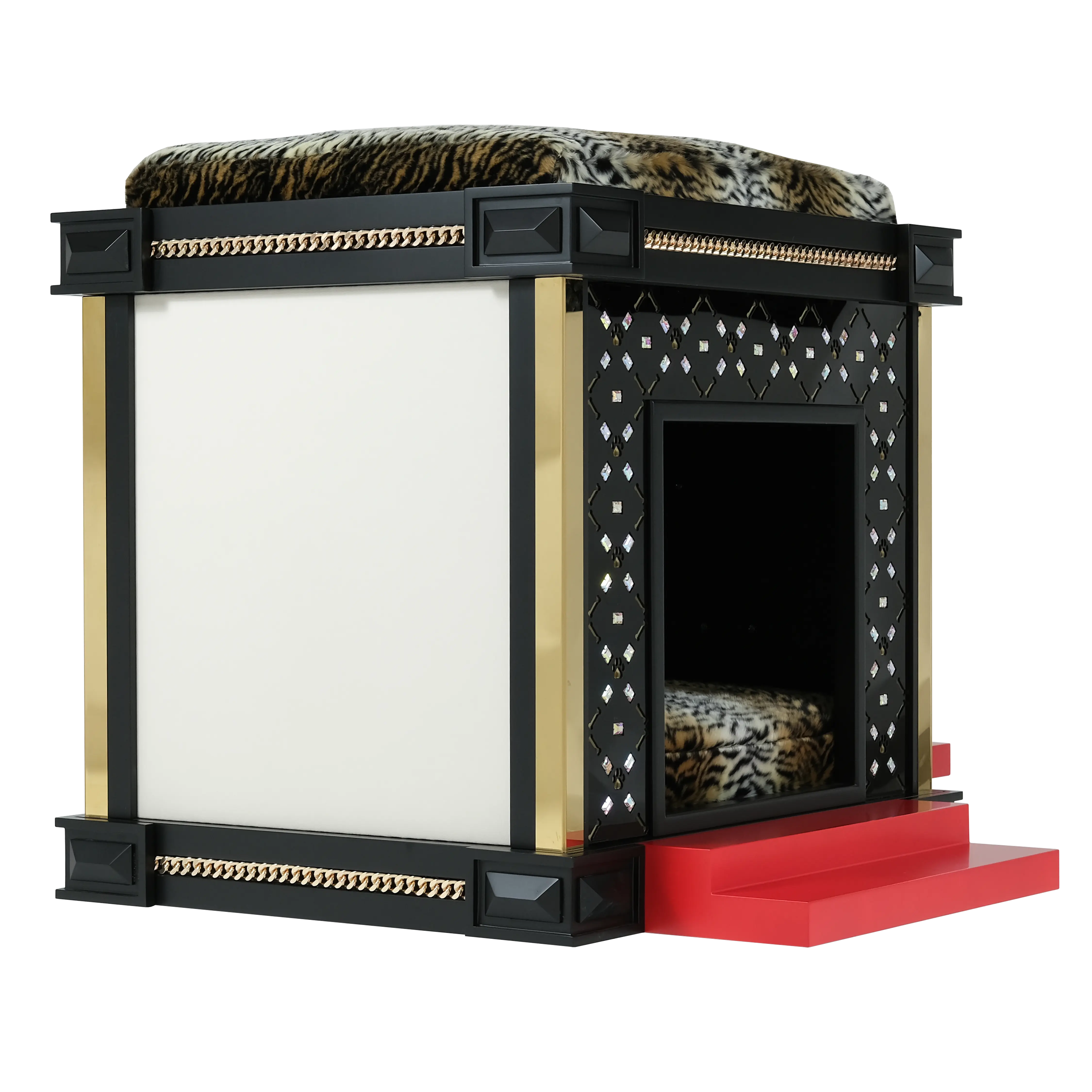 Ultra sleek Posh Small interior with a modern glam cheetah print plush cushion.