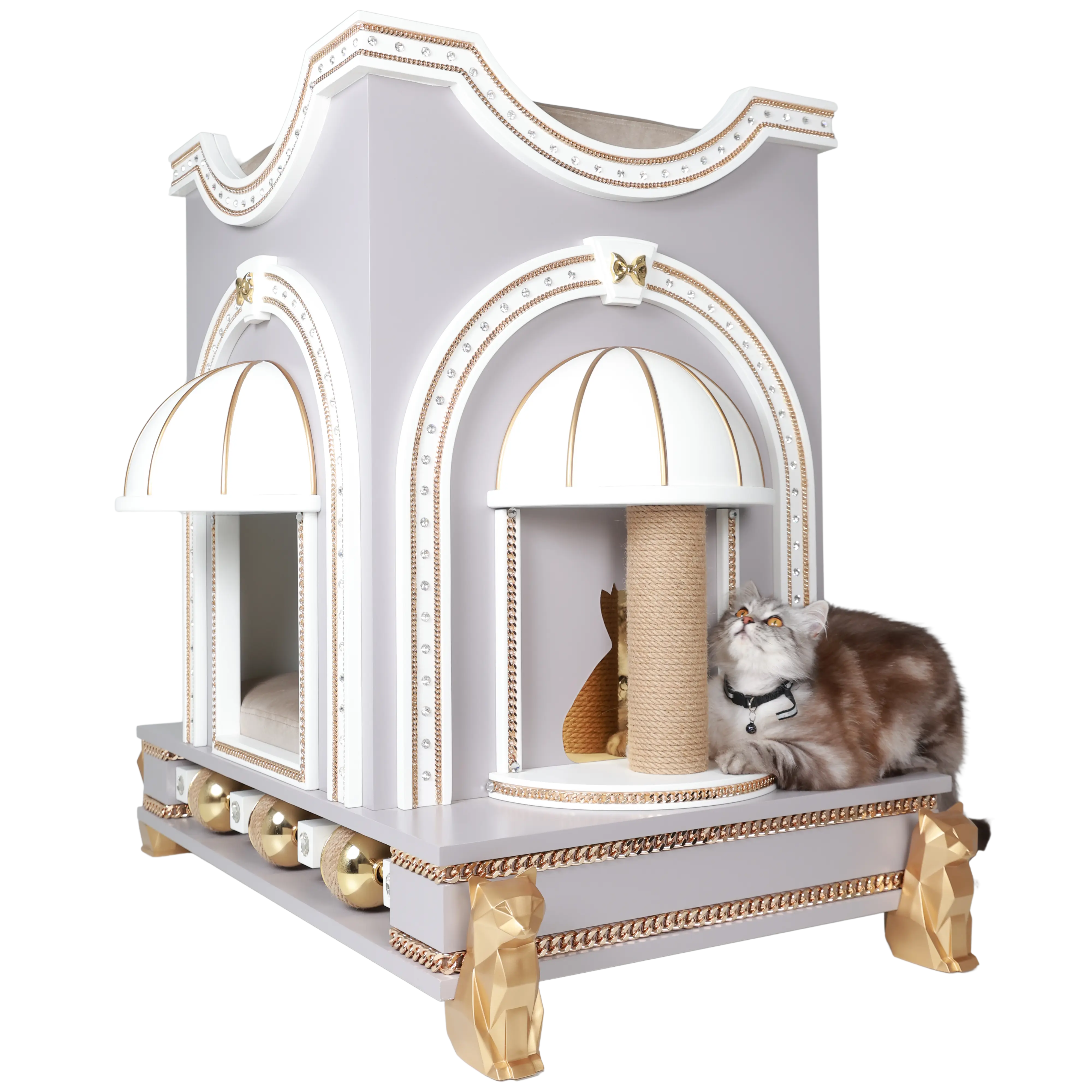 "Premium sisal scratching column on the TOMMY royal shelter, where the wild instinct of the pet meets a tamed designer masterpiece."