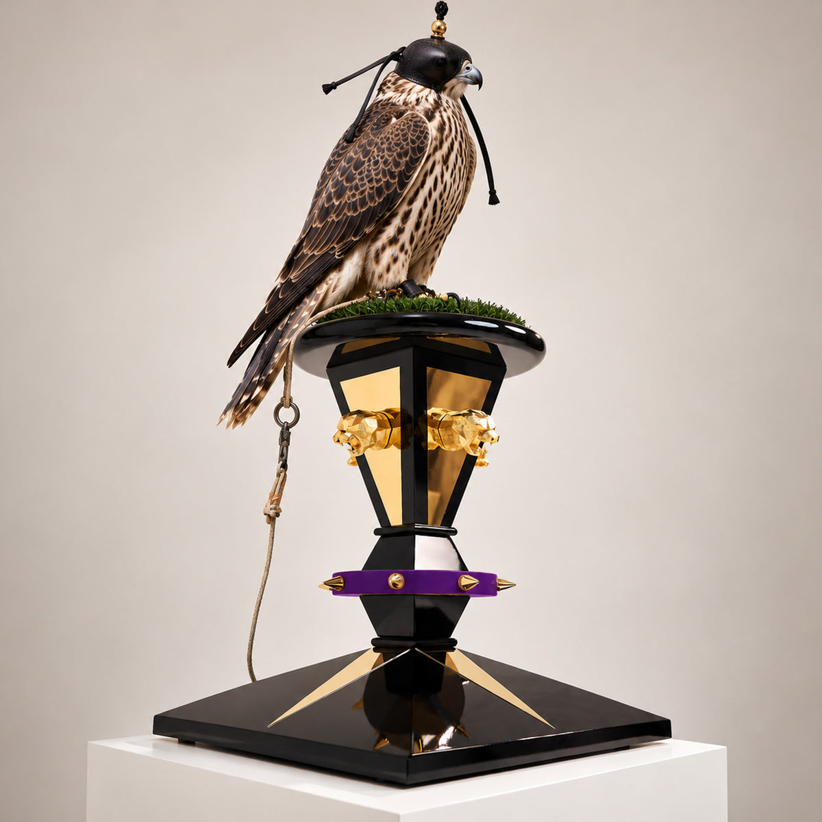 Hooded falcon perched on the FUROAR Valenor Imperial Falcon Perch, featuring sculptural black and gold architecture, purple detailing and a luxury grass platform.