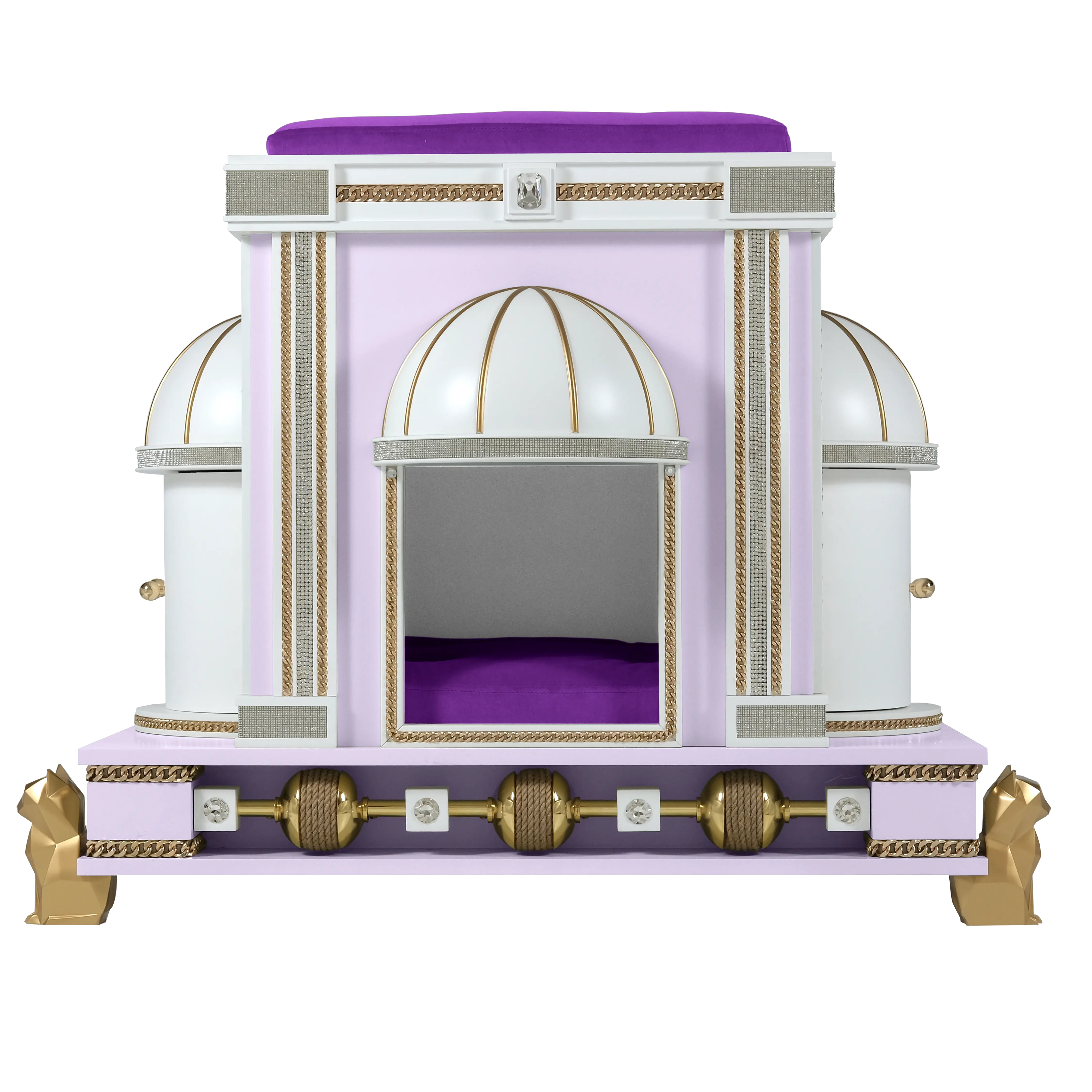 Front view of the Veronika modern designer cat palace pet house in Orchid Lilac with an elegant arched entrance.