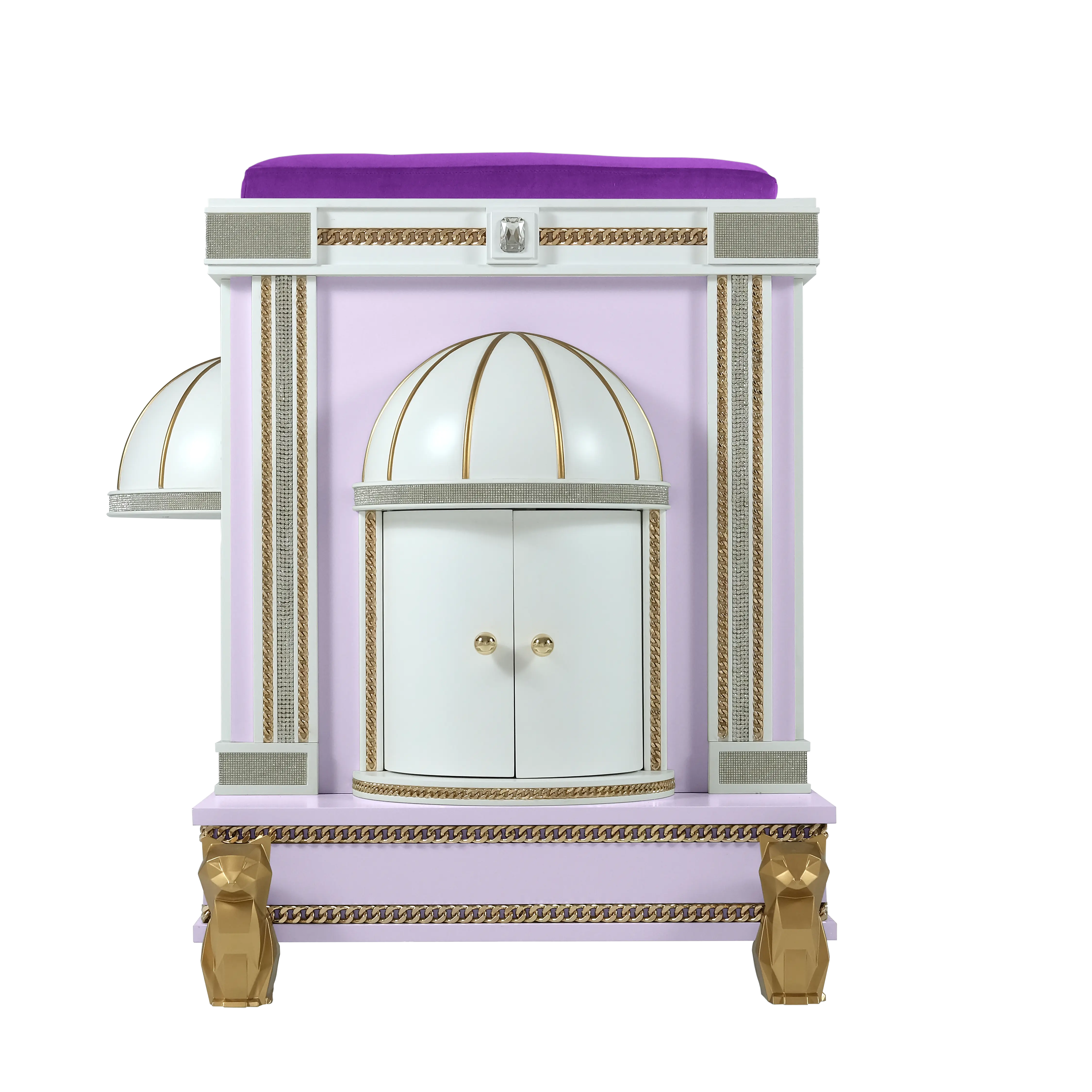 Elevation view of the Veronika cat palace pet house highlighting the luxury crystal-encrusted pillars and ornate detailing.